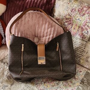 Michael Kors Brown Logo Hobo Shoulder Bag with Tan Trim